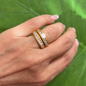 Gold plated over Stainless steel 2pc Matching Engagement Ring and Wedding Band 6